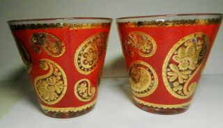 Set Of 6 - Culver Glass Barware Red Gold Paisley Old Fashion Tumblers 8 Oz - Mcm