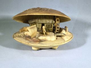 Vintage Japanese Celluloid Hand Carved Diorama Clam Shell Village Netsuke Style