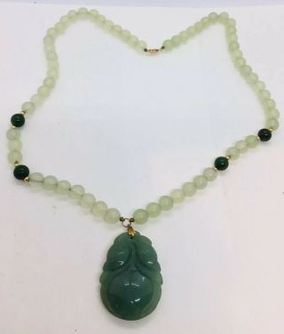 Vintage Green Nephrite Jade 14k Yellow Gold Beaded Necklace