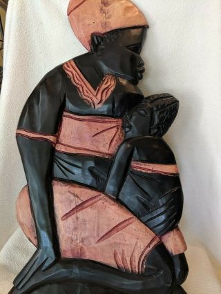 African Wood Wall Hanging Art Mother And Baby Carved Wood 19 Inches Black & Pink