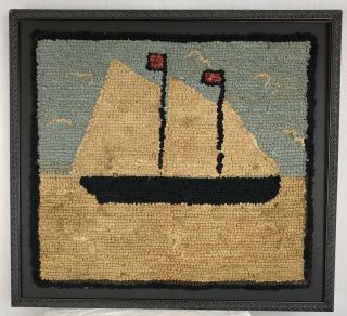 Antique Sailors Maritime Ship Folk Art Hooked Wool Mat Rug,  American