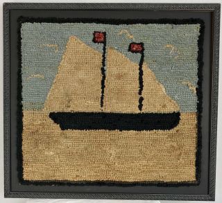 Antique Sailors Maritime Ship Folk Art Hooked Wool Mat Rug,  American 3