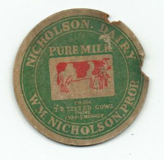 Michigan Mich Mi Wm.  Nicholson Dairy Milk Bottle Cap Waucedah Mich Mi Milk Cap