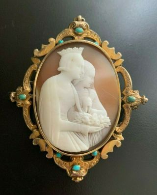 Large Antique Shell Cameo Brooch Of Queen And Princess W/ Turquoise