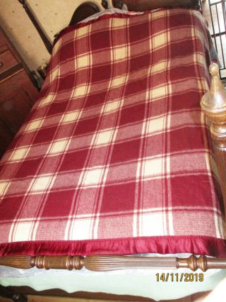 Vintage Pearce Maroon & Ivory Country Plaid Wool Blanket Satin Binding 76x75 2