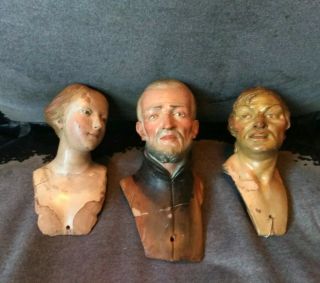 Antique Terracotta Doll Heads With Glass Eyes Late 1600s From A Creahe Nativity