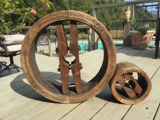 (2) Farm Antique Grist Mill Wood Belt Pulley Wheel 24 " X 6 " & 10 " X 6 1/2 "