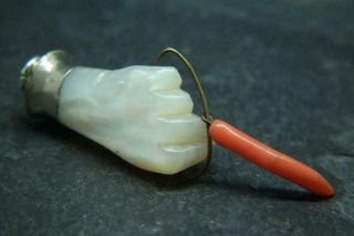 Rare Antique Georgian Carved Mop Mother Of Pearl & Coral Hand Charm Pendant
