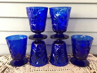 Set Of 6 Vintage Cobalt Blue Dimpled Textured Juice Glasses Goblets 3 3/4 " Tall