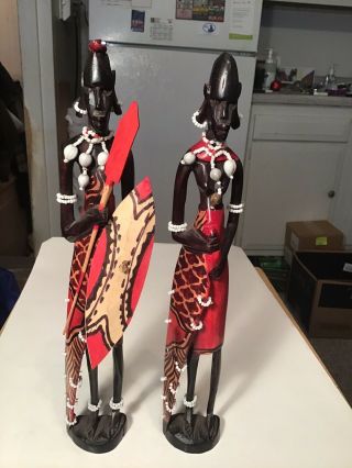 Pair Wood Carved Painted African Hand Made Tribal Figurine Statue Warrior Shield