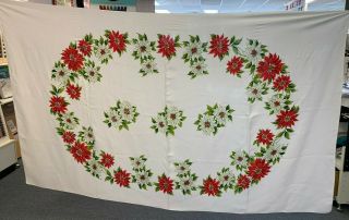 Vintage 58x96” Cotton Christmas Table Cloth Red And White Poinsettias