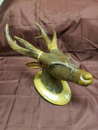 Antique Hand Carved Wooden Stag Deer Head Antler Horn Wall Mount Plaque Statue