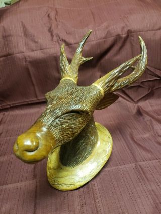 Antique Hand Carved Wooden Stag Deer Head Antler Horn Wall Mount Plaque Statue 2