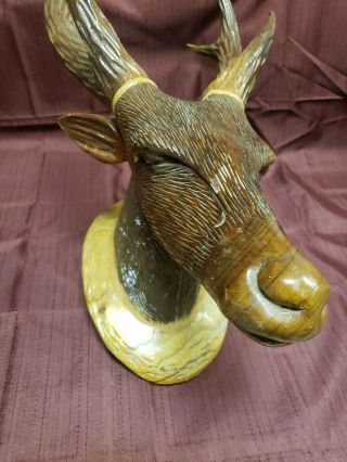 Antique Hand Carved Wooden Stag Deer Head Antler Horn Wall Mount Plaque Statue 3