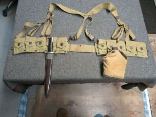 Wwii Us Army Cartridge Belt Set W/ Suspenders,  Canteen Set,  & M1 Garand Bayo