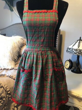 Vintage Christmas Apron Red & Green Plaid With Red Ribbon Trim