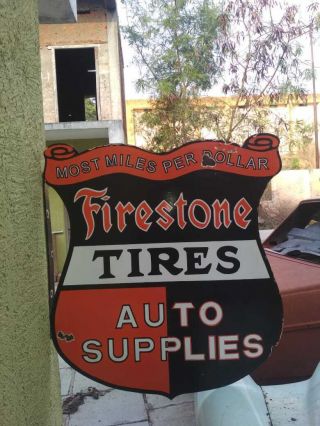 LARGE FIRESTONE TIRES PORCELAIN ENAMEL SIGN 36X32X2 INCHES FLANGE DOUBLE SIDED 2