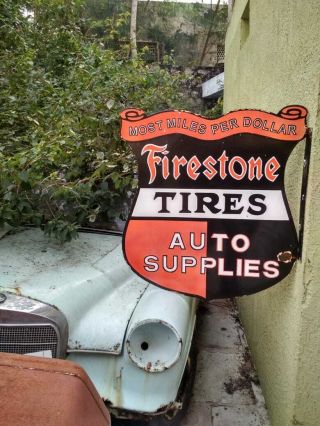 LARGE FIRESTONE TIRES PORCELAIN ENAMEL SIGN 36X32X2 INCHES FLANGE DOUBLE SIDED 3