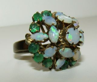 Gorgeous,  Large,  Antique Art Deco 14 Ct Gold Ring With Fire Opal & Emeralds