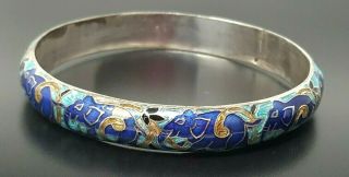 Vintage Asian Sterling Silver Enamel Cloisonne Blue Bangle Bracelet