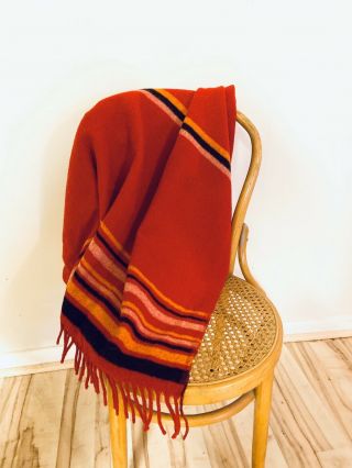 Vintage Red Striped Throw Blanket Fringe Wool Blend 41” X 46”