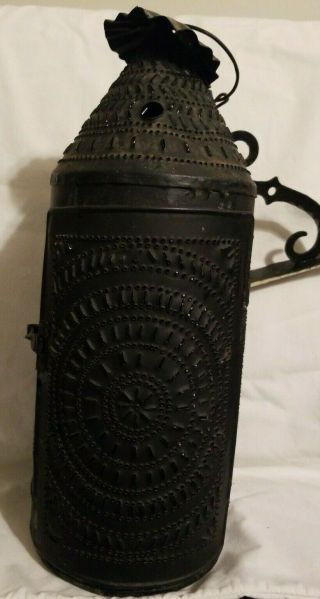 Antique Primitive Lighting Old Punched Tin Taper Candle Lantern