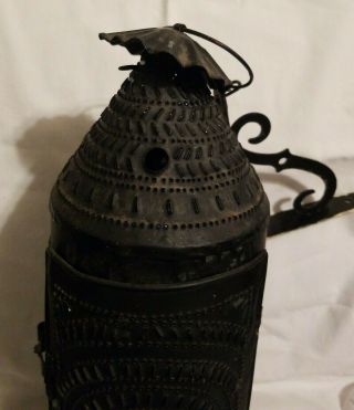 Antique Primitive Lighting Old Punched Tin Taper Candle Lantern 2