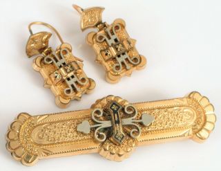 Antique Victorian Gold Filled Fine Hand Chased Brooch And Earring Set Ornate