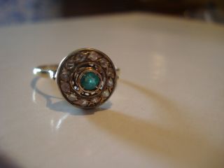 Art Deco Vintage Style Ring Emerald Diamond Target Halo Cluster Solid Gold Vall