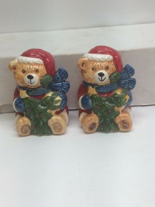 Set Of Ceramic Christmas Salt And Pepper Shakers.  Bears Holding Christmas Trees.