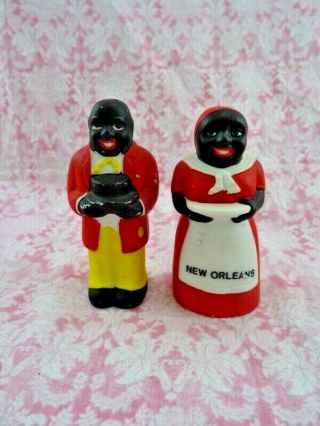Vintage Black Americana Couple Salt And Pepper Shakers Maid Butler Orleans