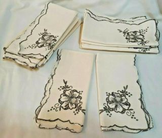 Set Of 12 Vintage Ivory Linen Napkins Hemstitched Embroidered Corner Cut Out