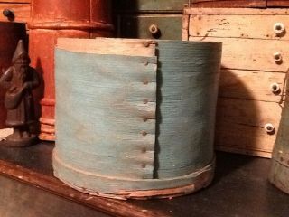 Early Primitive Large Wooden Dry Measure Old Blue Paint Antique Bucket