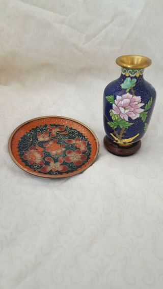 Vintage Small Asian Cloisonne Enamel Vase With Wood Stand & Trinket Tray