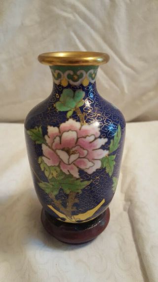 Vintage Small Asian Cloisonne Enamel Vase with Wood Stand & Trinket Tray 2