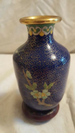 Vintage Small Asian Cloisonne Enamel Vase with Wood Stand & Trinket Tray 3