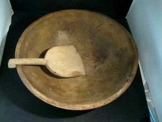 Antique Wood Large Primitive Wooden Hand Turned 14 " Bowl & Paddle Good Conditio