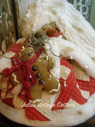 Primitive Snowman Doll Old Antique Reds Quilt,  Gingerbread,  Folk Art Snowman Doll