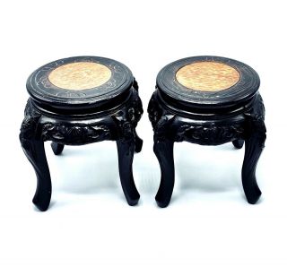 Vintage 9 " Set (2) Tables Stool Display Wood Hand - Crafted Japan Queen Anne Legs
