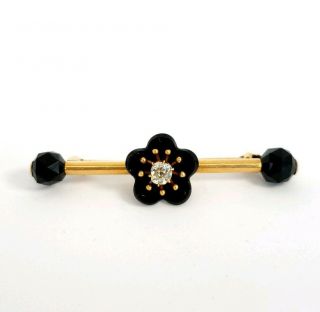 Antique Victorian 14k Yellow Gold Onyx Flower Old Mine Cut Diamond Brooch Pin