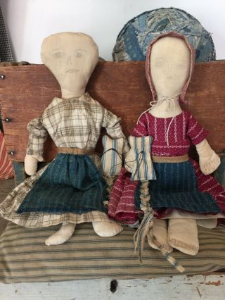 Best Folk Art Hand Made Cloth Sister Dolls Made With Antique Textiles.