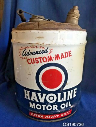 Vintage Metal 5 Gallon Havoline Motor Oil Tin Steel Can W/ Wooden Handle 1950s