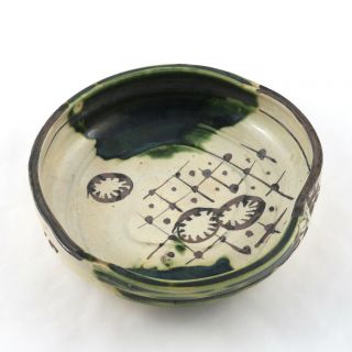 Vintage Japanese Oribe Stoneware Pottery Bowl Ceramic Vessel Signed Stamped