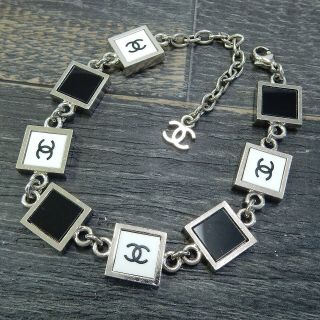 Chanel Silver Plated Cc Logos Black White Vintage Chain Bracelet 4952a Rise - On