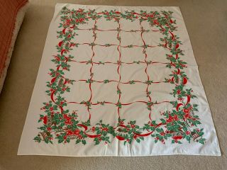 Vintage Christmas Linen Table Cloth 56 " X 50 " Ornaments Swags Of Holly