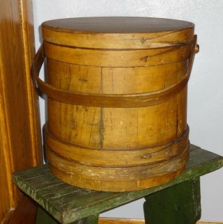 11 5/8 " Antique Painted Firkin - Mustard Paint - Aafa - Wooden Sugar Bucket - Pantry Box