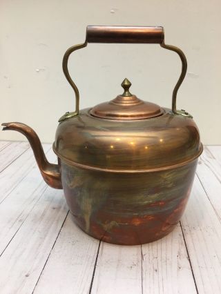 Vintage Large Solid Copper Gooseneck Spout Tea Pot Kettle Brass Handle 12  Tall