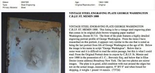 Vintage Steel Engraving Printing Plate George Washington C.  B.  J.  F.  St.  Memin 1888