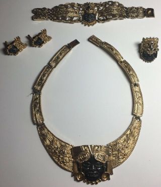 Rare Salvador Teran Mexican 22k Gold Pl Aztec Necklace Bracelet Ring Earring Set