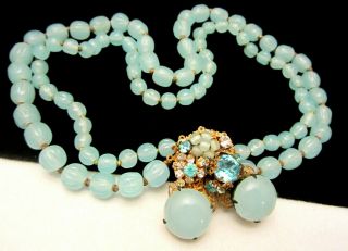 Rare Vintage Signed Miriam Haskell Unique Blue Art Glass Rhinestone Necklace A26